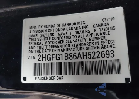 2010 Honda Civic Ex from USA, damaged, VIN 2HGFG1B86AH522693